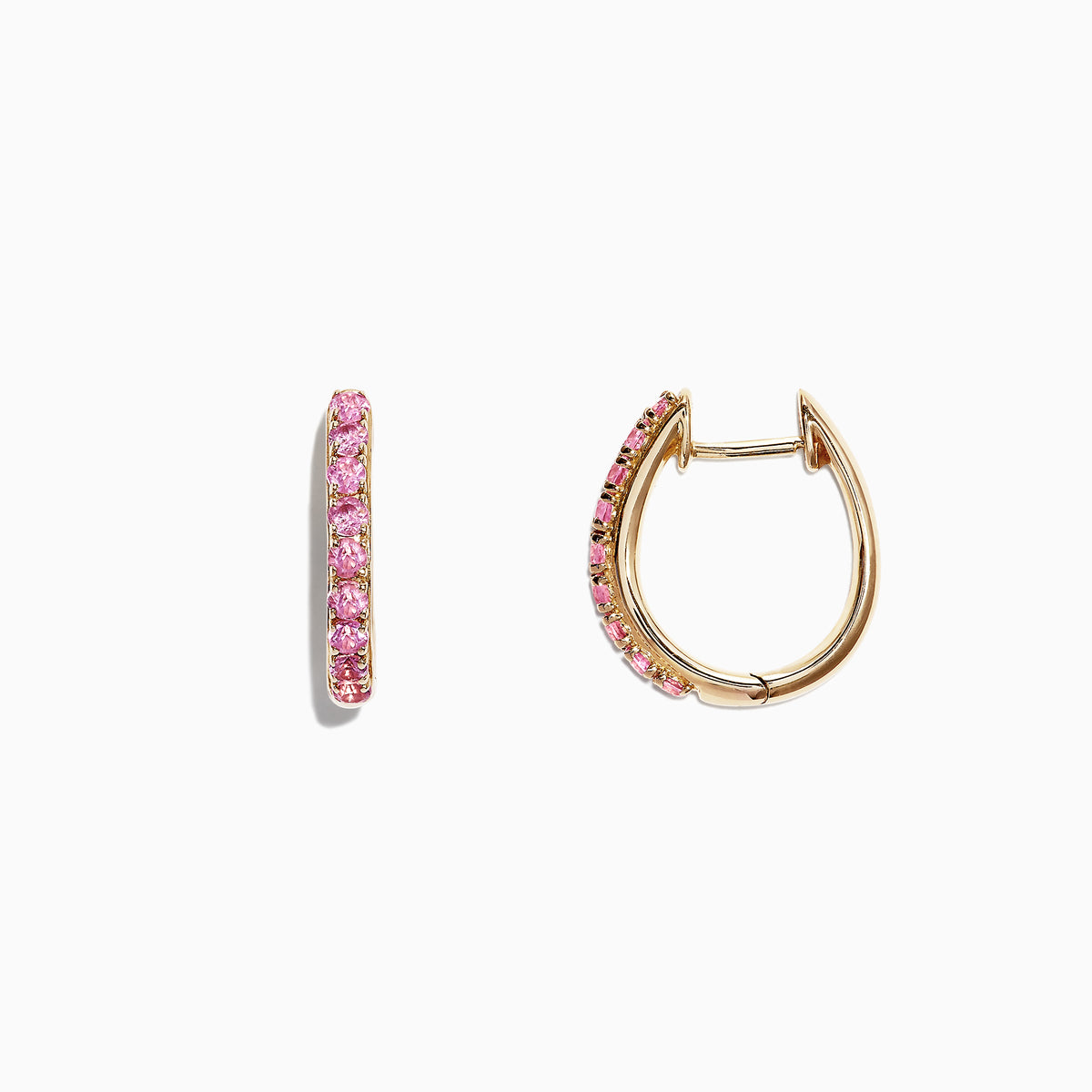 A pair of 14K yellow gold huggie hoop earrings, set with pink sapphires totaling 0.86 TCW, displayed against a white background.