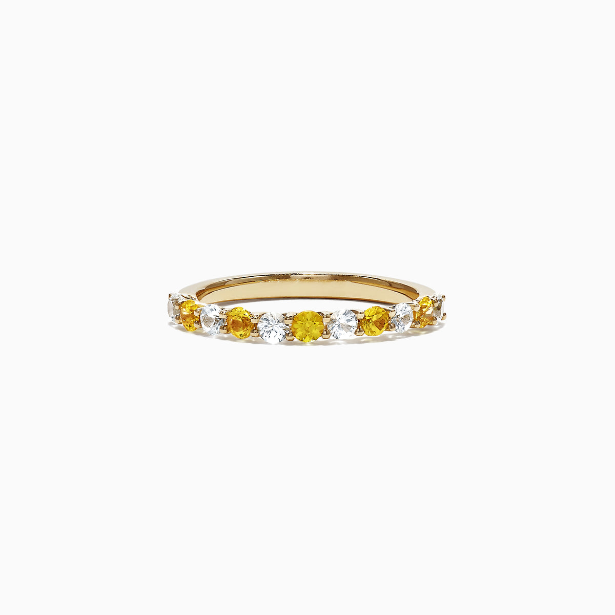 The 14K Yellow Gold Yellow and White Sapphire Band Ring, 0.94 TCW, features alternating round sapphires set in a single row along the band and is displayed against a plain white background.