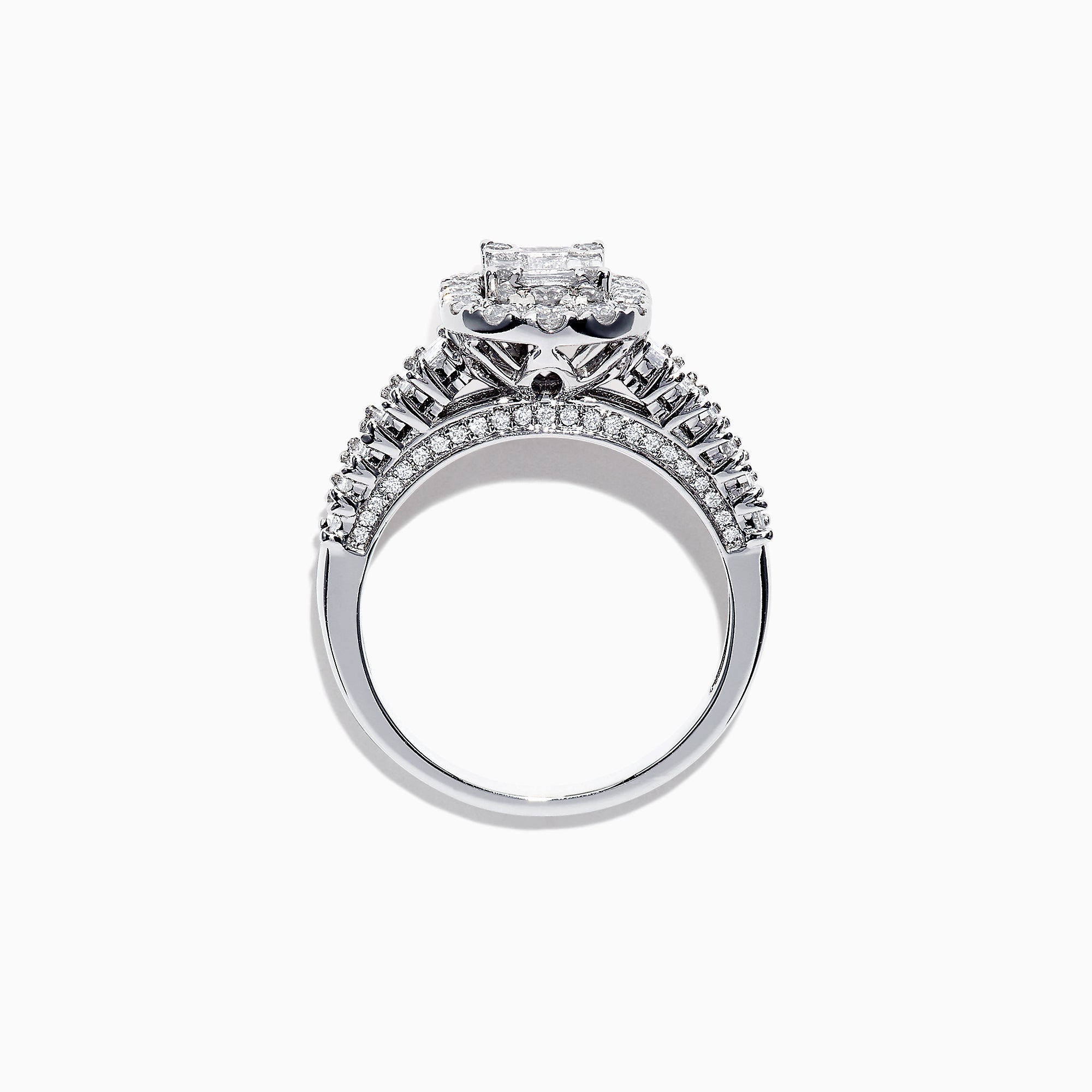 The Classique 14K White Gold Diamond Ring, 1.21 TCW, showcases an emerald-cut center diamond with a halo of round diamonds and baguette accents, set in luxurious 14K white gold against a white background.