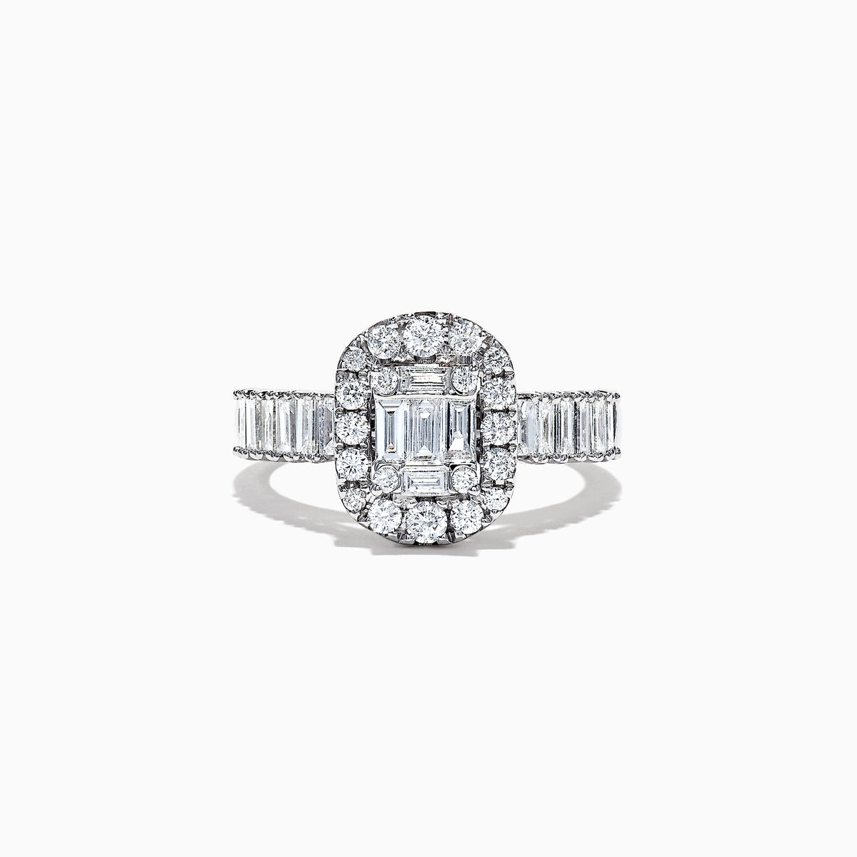 The Classique 14K White Gold Diamond Ring, 1.21 TCW, showcases an emerald-cut center diamond with a halo of round diamonds and baguette accents, set in luxurious 14K white gold against a white background.