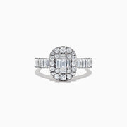 The Classique 14K White Gold Diamond Ring, 1.21 TCW, showcases an emerald-cut center diamond with a halo of round diamonds and baguette accents, set in luxurious 14K white gold against a white background.