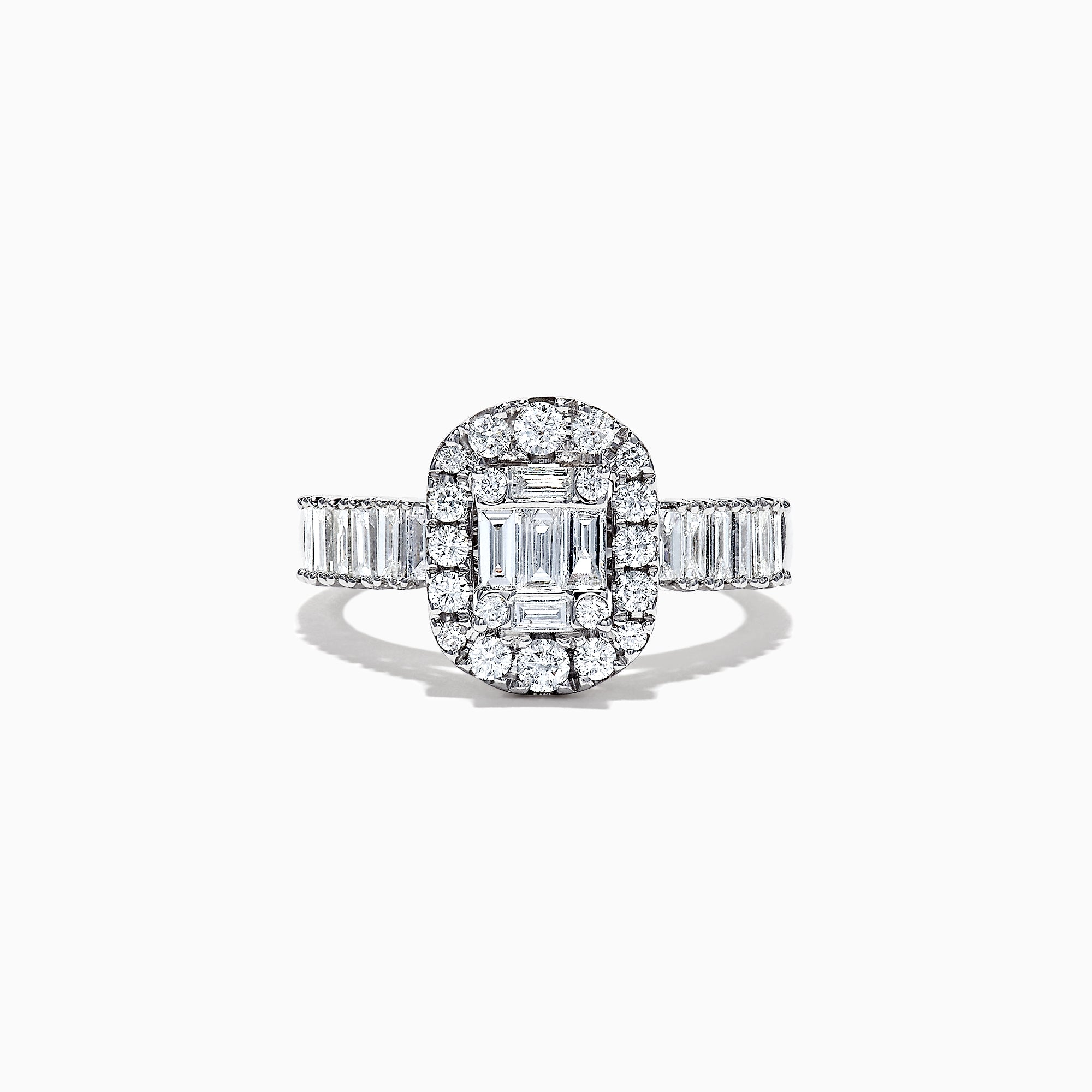 The Classique 14K White Gold Diamond Ring, 1.21 TCW, showcases an emerald-cut center diamond with a halo of round diamonds and baguette accents, set in luxurious 14K white gold against a white background.