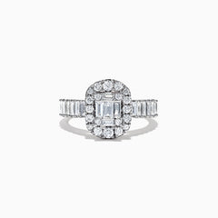 The Classique 14K White Gold Diamond Ring, 1.21 TCW, showcases an emerald-cut center diamond with a halo of round diamonds and baguette accents, set in luxurious 14K white gold against a white background.
