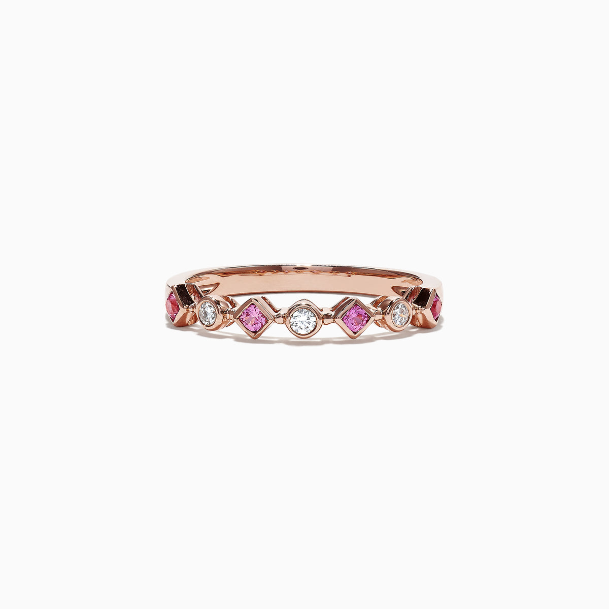 The 14K Rose Gold Pink Sapphire and Diamond Band Ring, 0.27 TCW, showcases alternating pink sapphires and diamonds in a repeating diamond-shaped pattern around the band.