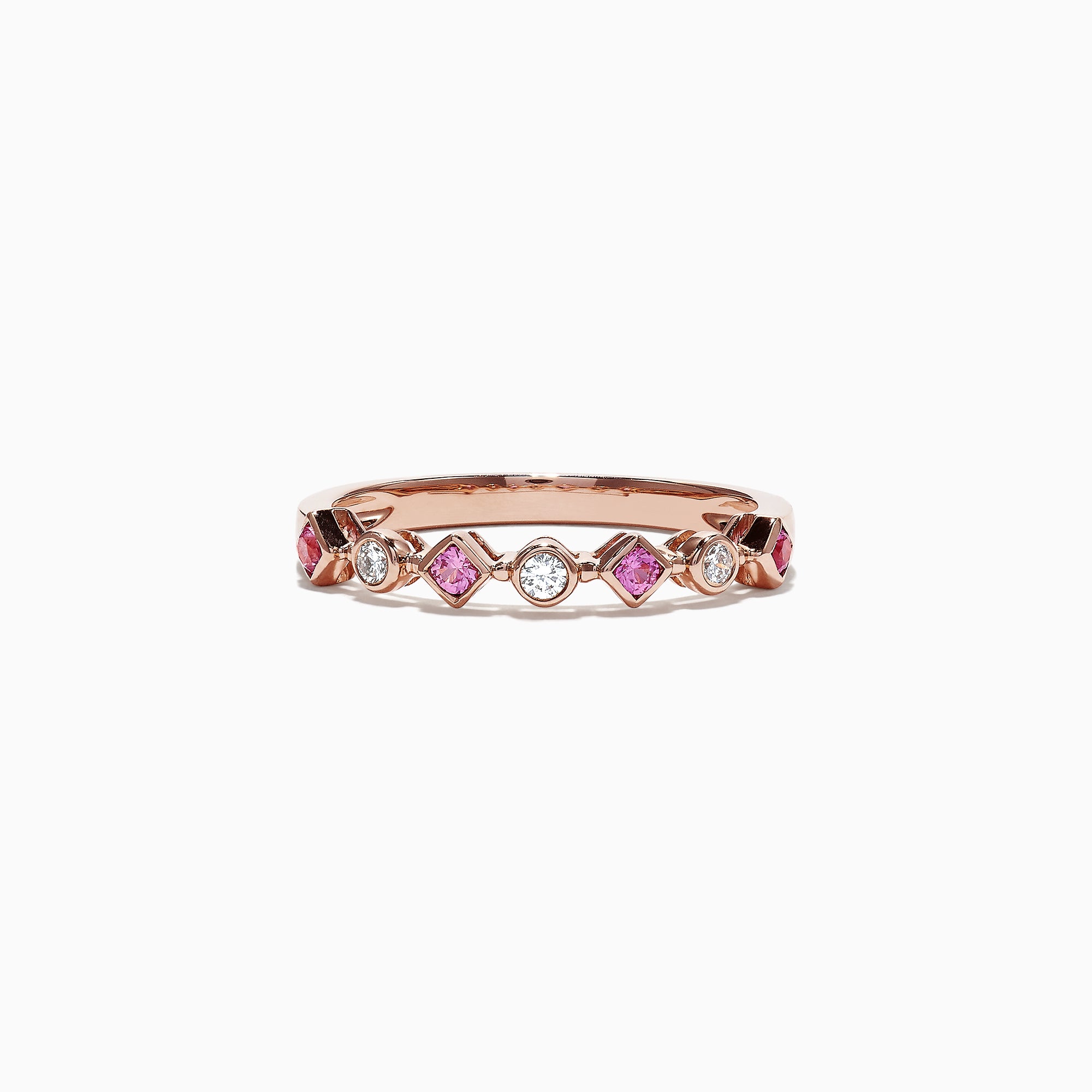 The 14K Rose Gold Pink Sapphire and Diamond Band Ring, 0.27 TCW, showcases alternating pink sapphires and diamonds in a repeating diamond-shaped pattern around the band.
