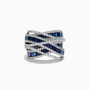 The Limited Edition 14K White Gold Sapphire and Diamond Ring, 3.95 TCW, features crisscrossing rows of blue sapphires and white diamonds on a polished band, displayed against a white background.