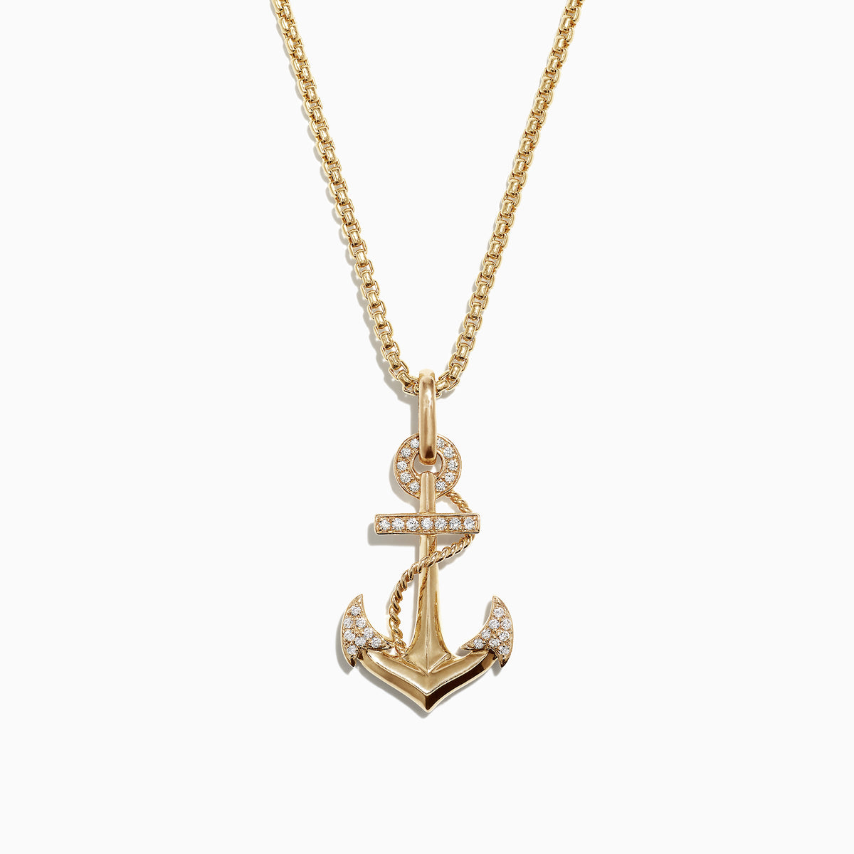 A mens 14K yellow gold anchor pendant by Effy, featuring 0.18 TCW of sparkling diamonds and rope detailing for a refined, nautical-inspired look.