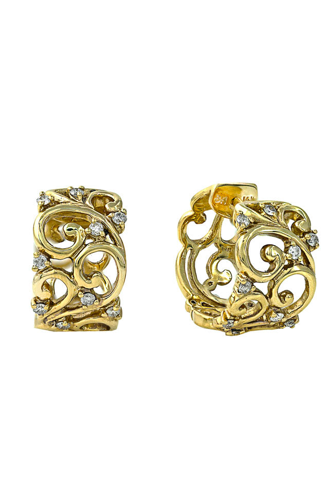 The DOro 14K Yellow Gold Diamond Filigree Hoop Earrings feature intricate swirling filigree and sparkling diamonds, offering an elegant touch to any look.