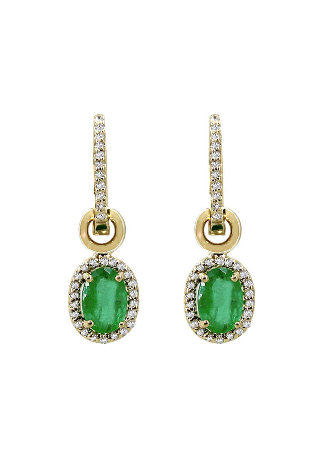 Brasilica 14K Yellow Gold Emerald and Diamond Earrings, 1.78 TCW, feature oval green emeralds with diamond halos. Pavé-set accents decorate the hooks, and a circular gold detail above each gem adds a touch of elegance.