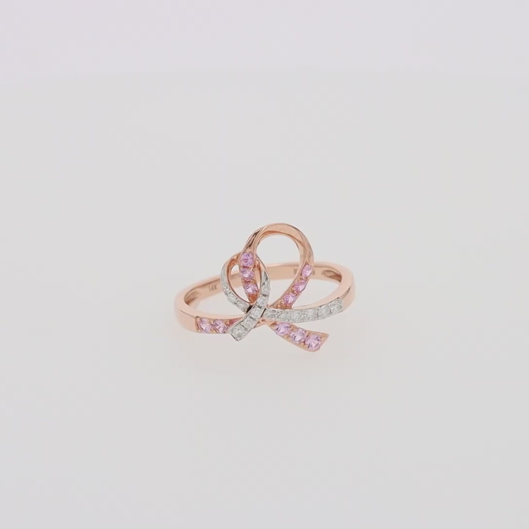 14K Rose Gold Pink Sapphire and Diamond Breast Cancer Awareness Ribbon Ring, 0.38 TCW