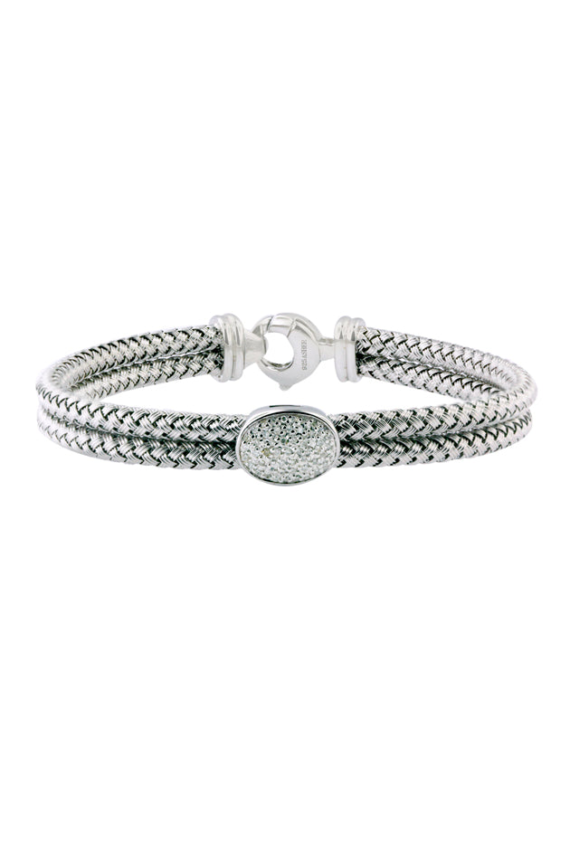 The 925 Sterling Silver and Diamond Bracelet, .15 TCW, features a woven design with a textured oval centerpiece adorned with diamonds and a secure clasp closure at the back.
