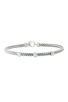 The 925 Sterling Silver and Diamond Bracelet features a braided design with three evenly spaced round, textured beads and a lobster clasp closure.