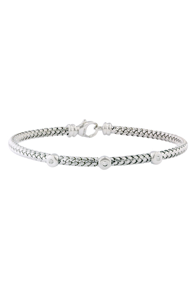 The 925 Sterling Silver and Diamond Bracelet (.04 TCW) features a braided design with three round diamond accents and a secure lobster clasp closure.