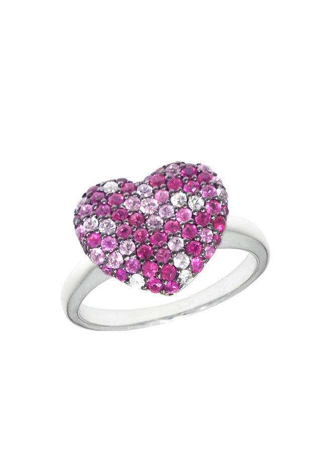 The 925 Sterling Silver Pink Sapphire Splash Heart Ring, 1.28 TCW, features a heart-shaped design adorned with pink sapphire, purple, and white gemstones.
