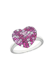 The 925 Sterling Silver Pink Sapphire Splash Heart Ring, 1.28 TCW, features a heart-shaped design adorned with pink sapphire, purple, and white gemstones.