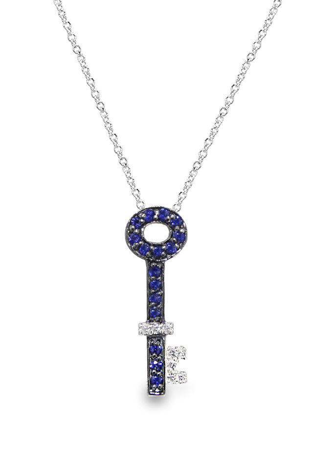 White Gold Diamond & Blue Sapphire Key Pendant, .5 TCW