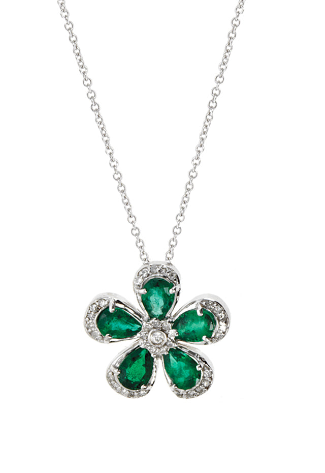 Effy 14K White Gold Emerald and Diamond Flower Pendant, 2.08 TCW