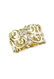 The DOro 14K Yellow Gold Diamond Filigree Ring, 0.41 TCW, showcases an ornate openwork scroll design accented with sparkling round diamonds throughout the elegant pattern.
