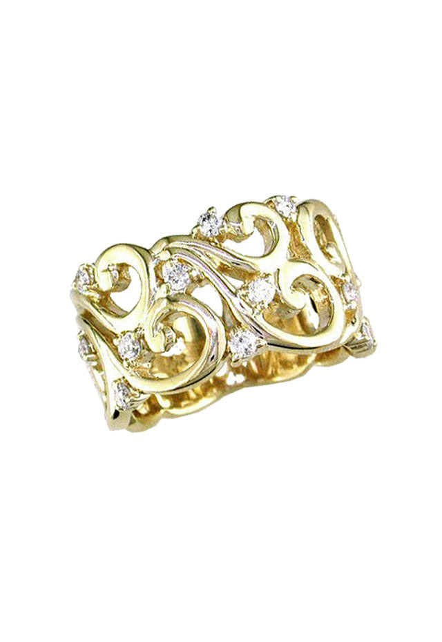 The DOro 14K Yellow Gold Diamond Filigree Ring, 0.41 TCW, showcases an ornate openwork scroll design accented with sparkling round diamonds throughout the elegant pattern.