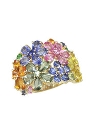 The Watercolors 14K Yellow Gold Multi Sapphire Floral Ring, 9.07 TCW, features a vibrant floral design adorned with blue, pink, green, yellow, and orange sapphires.