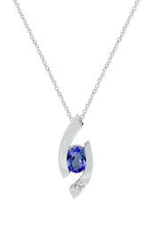 14K White Gold Tanzanite and Diamond Pendant, 0.81 TCW, features a modern curved design with a round tanzanite centerpiece and a small diamond accent at the bottom.