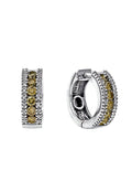 Espresso 14K White Gold Hoop Earrings with 1.02 TCW brown and white diamonds, featuring a central row of brown stones flanked by rows of white diamonds, displayed on a white background.