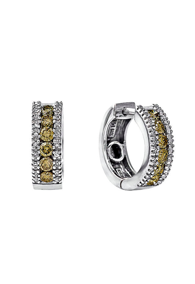 Espresso 14K White Gold Hoop Earrings with 1.02 TCW brown and white diamonds, featuring a central row of brown stones flanked by rows of white diamonds, displayed on a white background.