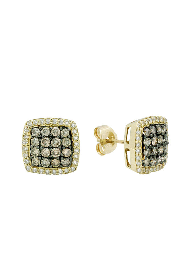 Elevate your style with the 14K Yellow Gold Espresso and White Diamond Earrings, .92 TCW—square studs with a grid of black and white diamonds, double white diamond border, and push-back closure. Perfect for White Diamond Earring fans.