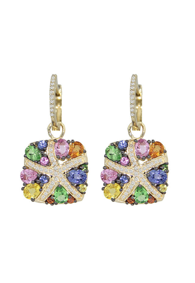 Watercolors 14K Yellow Gold Multi Sapphire & Diamond Earrings, 3.98 TCW, feature square pendants with starburst sapphires and sparkling diamonds on the hoops for added brilliance.