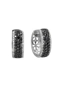 A pair of 14K white gold hoop earrings featuring black and white diamonds, 1.30 TCW, with a dazzling design and open lattice interior for an elegant look.