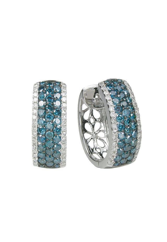 The Bella Bleu 14K White Gold Blue and White Diamond Earrings feature two rows of blue diamonds (1.30 TCW) bordered by white stones, with a decorative openwork interior design.