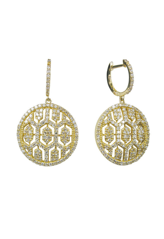 DOro 14K Yellow Gold Diamond Maze Drop Earrings, 1.35 TCW, feature circular openwork geometric designs and sparkling edge-set diamonds—a stunning choice for those who love elegant diamond earrings.
