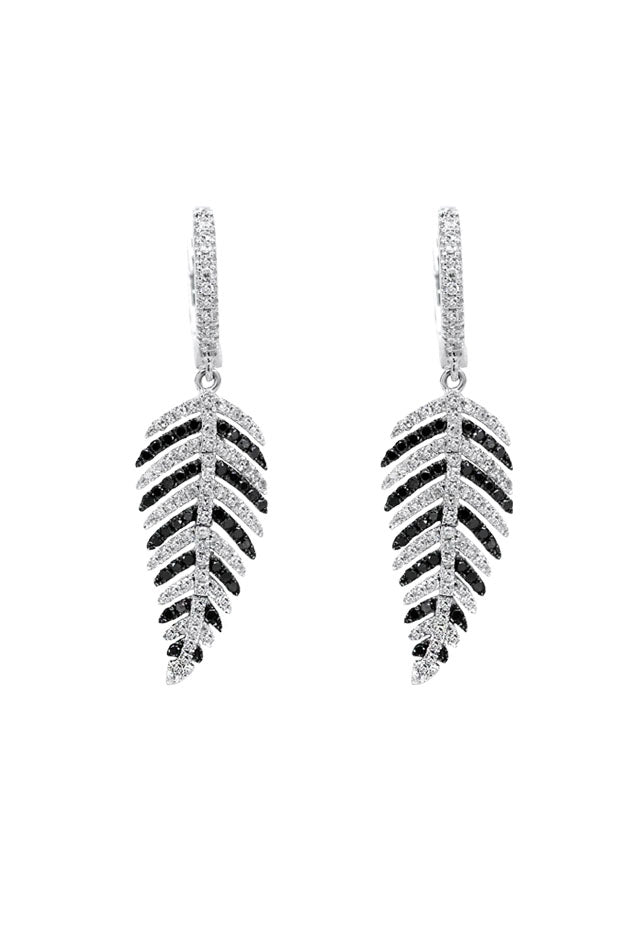 A pair of 14K White Gold Black and White Diamond Earrings (1.05 TCW), featuring a leaf-like design with sparkling stones, displayed on a white background.