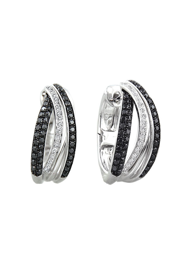 These 14K White Gold Black and White Diamond Earrings (.71 TCW) feature three overlapping silver hoops—two with black stones, one with clear—for a sophisticated, stylish look.