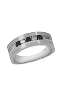 This Mens 14K White Gold Black and White Diamond Ring, 0.49 TCW, features a sleek silver band with alternating black and white diamonds—ideal for a stylish statement.
