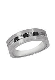 This Mens 14K White Gold Black and White Diamond Ring, 0.49 TCW, features a sleek silver band with alternating black and white diamonds—ideal for a stylish statement.