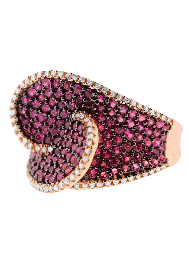 The Ruby Royal 14K Rose Gold Pave Ruby Cocktail Ring, 2.64 TCW, showcases a curved, asymmetric design set with vivid rubies and edged in clear sparkling stones for a bold statement look.