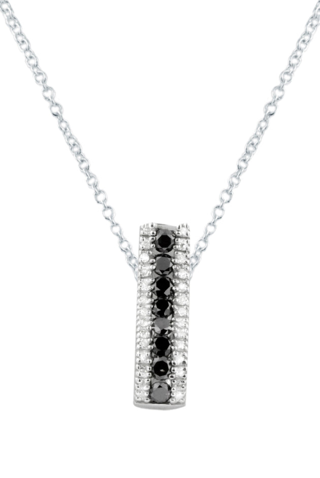 A beautiful 14K white gold pendant by Effy, featuring 0.62 TCW of black and white diamonds in a striking vertical rectangular design.