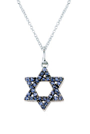 The Novelty 14K White Gold Blue Sapphire Star of David Pendant (0.36 TCW) gleams against a white background, featuring sparkling blue sapphires in a classic design.