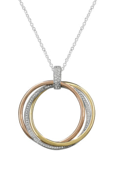 The Trio 14K Tri-Color Gold Diamond Circles Pendant (0.30 TCW) features three interlocking rings in silver, rose, and yellow gold tones with sparkling diamonds, all on a delicate silver chain.