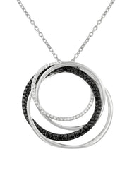 A 14K white gold pendant featuring three interlocking circles—one polished, two set with black and white diamonds (1.06 TCW)—on a delicate chain, inspired by Effy classic designs.