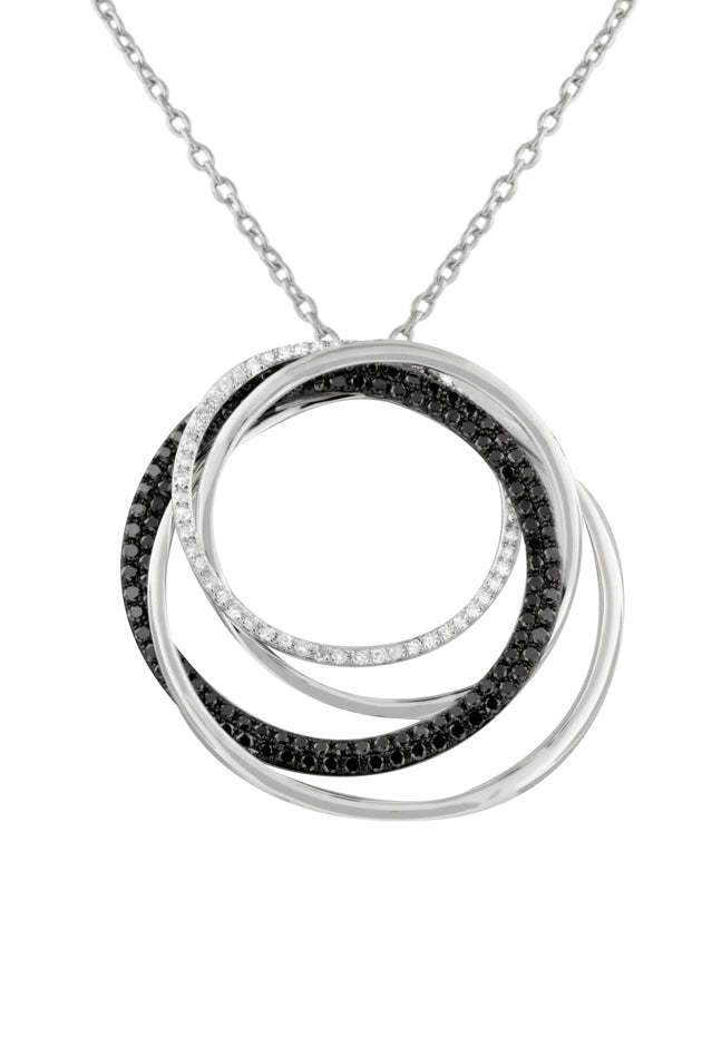 A 14K white gold pendant featuring three interlocking circles—one polished, two set with black and white diamonds (1.06 TCW)—on a delicate chain, inspired by Effy classic designs.