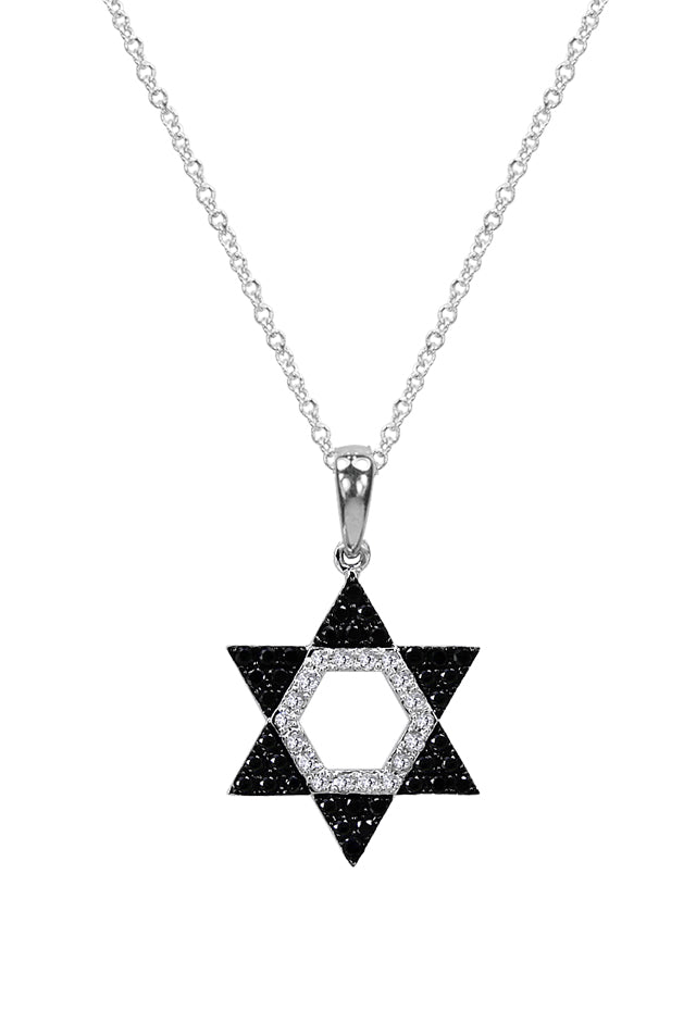 A striking Effy Novelty 14K gold Star of David pendant features 0.29 TCW black and white diamonds set in a hexagonal open design.